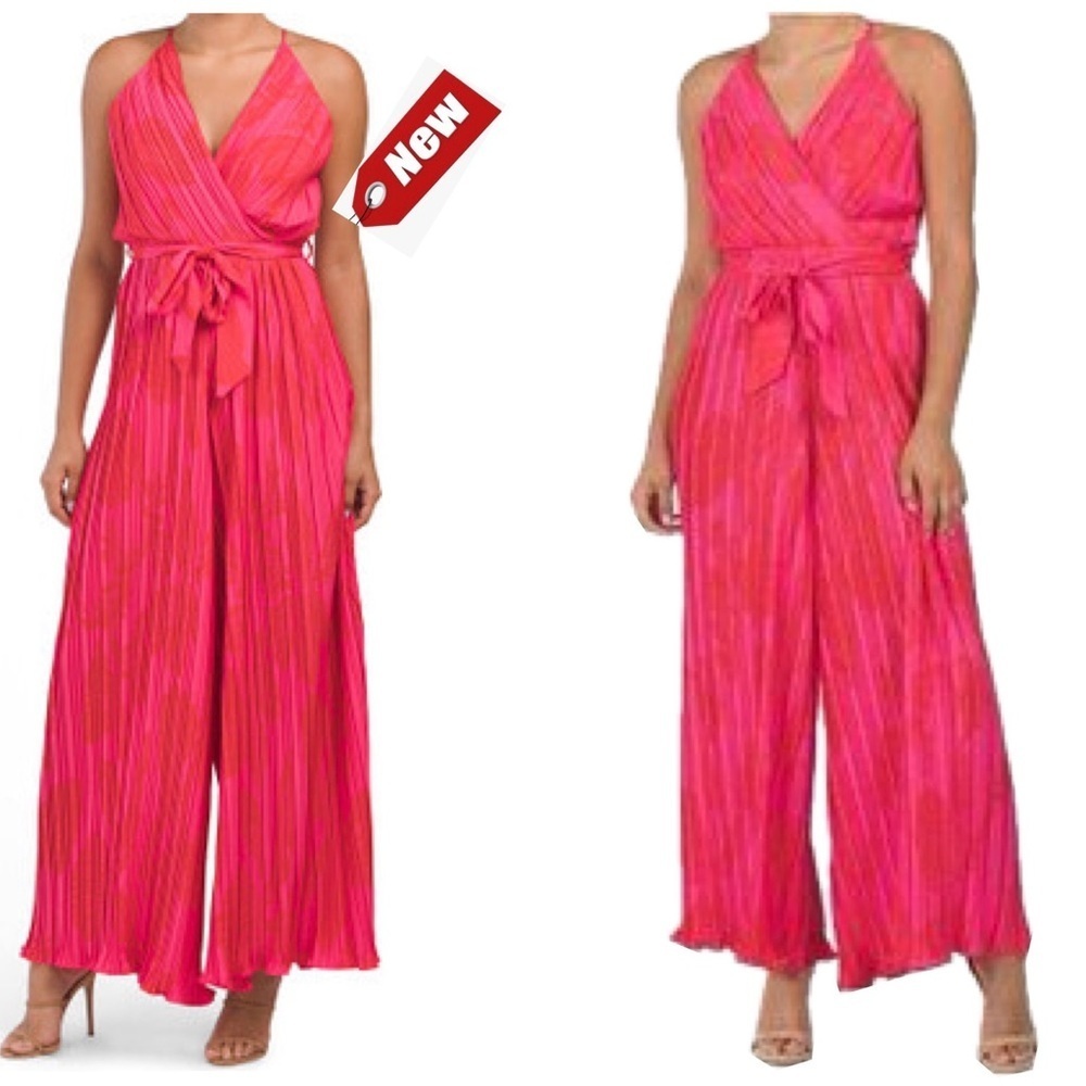 Beyond Words pink floral flower pleated wrap front wide leg jumpsuit Sz S NWT